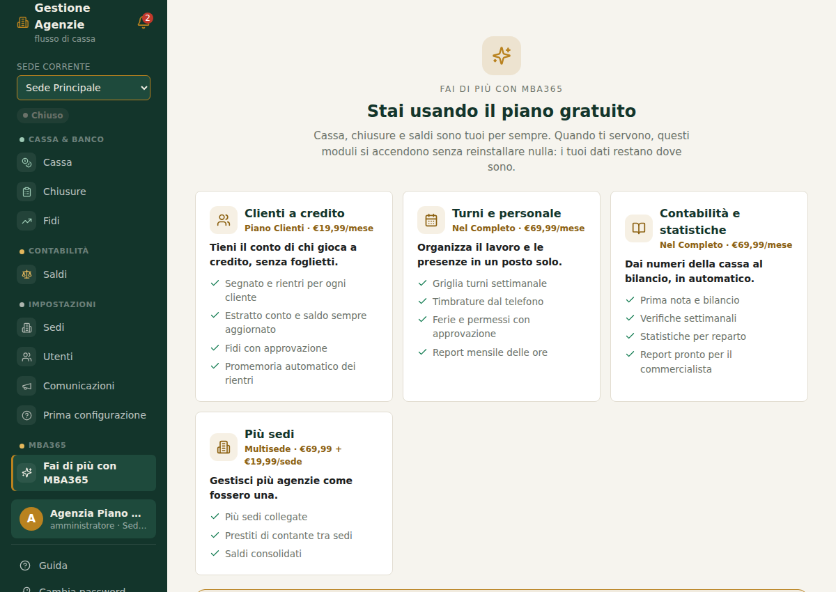 Piano gratuito e moduli attivabili
